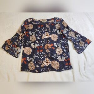 Loft‎ Floral Women's Boat Neck 3/4 Ruffle Sleeve Top, EUC, Size Small Petite